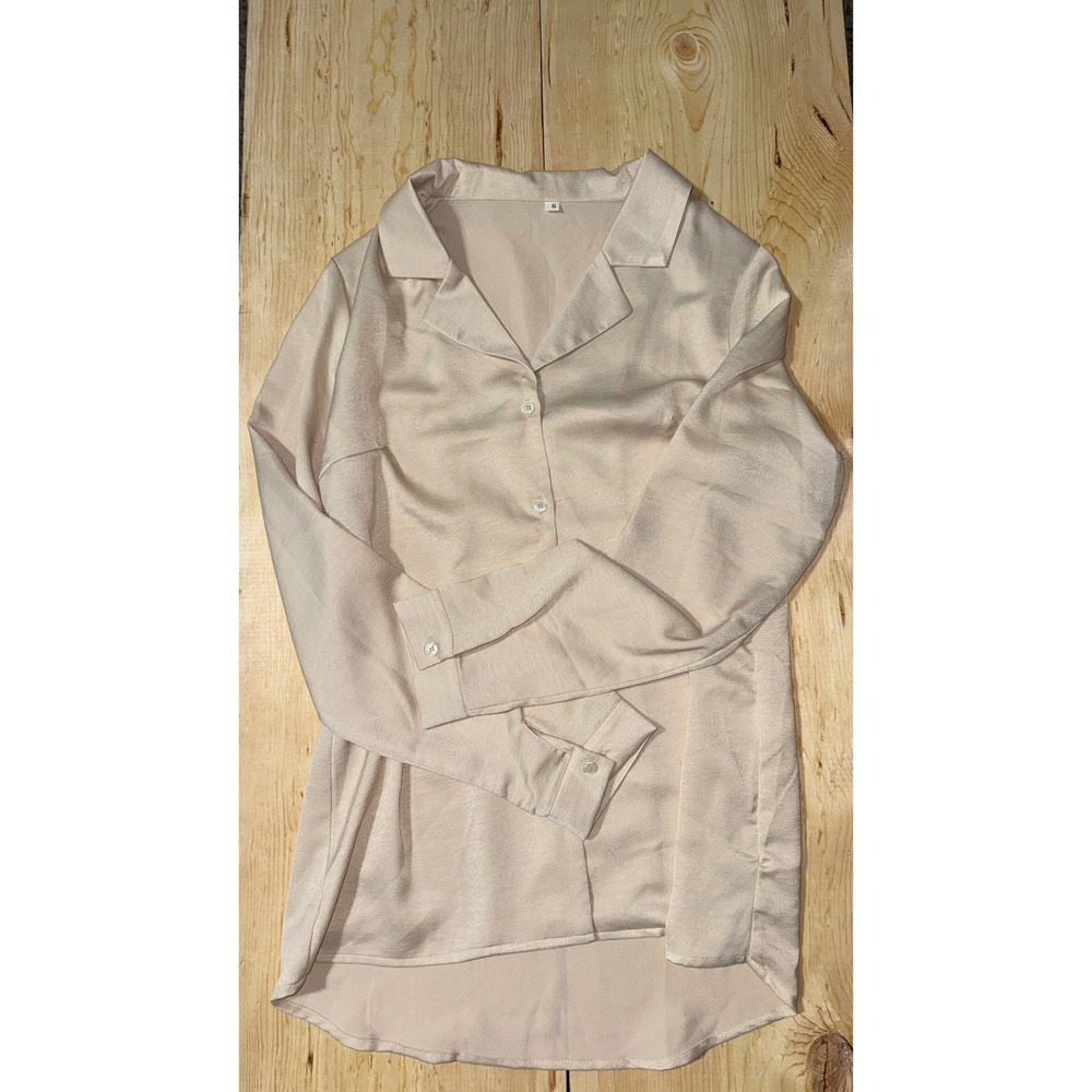 Womens Champagne Satin Button Down Long Sleeve Shirt Blouse Size Small Beige